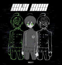 1boy ahoge arms_at_sides black_background buttons collared_jacket danganronpa_(series) danganronpa_v3:_killing_harmony dated distortion double-breasted expressionless eyelashes glitch green_eyes greyscale hair_between_eyes highres huwahuwaom jacket long_sleeves looking_at_viewer lower_eyelashes_only male_focus monochrome pants saihara_shuichi short_hair simple_background spot_color static surreal upper_body
