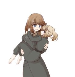 2girls 46isky21 belt blonde_hair blue_eyes brown_hair carrying carrying_person fine_art_parody frown green_pants green_shirt highres hug looking_at_another medium_hair multiple_girls pants parody ponytail sant&#039;antonio_da_padova_con_gesu_bambino shirt simple_background swept_bangs tanya_degurechaff viktoriya_ivanovna_serebryakov white_background youjo_senki