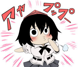1girl black_eyes black_hair breasts chibi commentary_request hat hidefu_kitayan highres large_breasts o3o shameimaru_aya short_hair simple_background solo touhou translation_request
