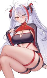 Rule 34 | 1girl, absurdres, antenna hair, azur lane, bare legs, between breasts, black nails, blush, breasts, cleavage, crossed legs, demcheg, eyes visible through hair, feet out of frame, grey hair, hair ribbon, highres, large breasts, long sleeves, looking at viewer, multicolored hair, orange eyes, parted lips, prinz eugen (azur lane), red hair, red nails, ribbon, simple background, smile, solo, streaked hair, thick thighs, thigh strap, thighs, two-tone hair, white background