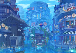Rule 34 | absurdres, atmospheric perspective, balcony, blue sky, boat, building, canal, city, cloud, commentary request, condenser unit, door, fantasy, grass, hanging lantern, highres, holding, holding oar, industrial pipe, lamppost, lantern, lantern on liquid, lotus leaf, neon lights, oar, open window, original, paper lantern, people, railing, road sign, rowboat, scenery, shelf, shrine, sign, sky, speaker, stairs, stone lantern, torahico, tower, traffic light, tree, walkway, watercraft, window