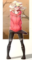 absurdres asymmetrical_hair bare_shoulders blonde_hair blue_eyes blush boots border breasts casual diana_cavendish hands_in_pockets highres hood hoodie knee_boots lace-up_boots little_witch_academia medium_breasts one_eye_closed pantyhose pudgeruffian shadow solo torn_clothes torn_pantyhose white_border