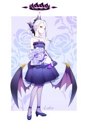 15667752 1girl absurdres blue_archive bouquet breasts demon_girl demon_horns demon_wings dress earrings flower full_body gloves halo highres hina_(blue_archive) hina_(dress)_(blue_archive) holding holding_bouquet horns jewelry long_hair looking_at_viewer necklace off_shoulder official_alternate_costume official_alternate_hairstyle pendant purple_dress purple_eyes purple_flower purple_gloves purple_rose rose small_breasts solo standing white_hair wings