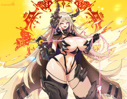 1girl :d ^_^ ahoge areola_slip armor asymmetrical_legwear bikini_armor blonde_hair blush breasts brown_cape cape cleavage closed_eyes cowboy_shot energy_whip faucre_the_evil_overlord gauntlets gloves groin hair_between_eyes hair_ornament highres holding holding_whip horns large_breasts last_origin lens_flare light_particles linea_alba long_hair looking_at_viewer navel official_alternate_costume open_mouth pauldrons pixiv_username revealing_clothes shiny_skin shoulder_armor shoulder_spikes signature skindentation smile solo sparkle spikes string_bra teeth thighhighs tongue twitter_username umigarasu_(kitsune1963) upper_teeth_only very_long_hair whip yellow_background