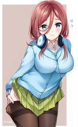 1girl artist_name black_pantyhose blue_cardigan blue_eyes blush border breasts brown_background cardigan closed_mouth clothes_pull commentary flying_sweatdrops go-toubun_no_hanayome green_skirt hair_between_eyes headphones headphones_around_neck large_breasts long_hair long_sleeves looking_at_viewer nakano_miku outside_border pantyhose pantyhose_pull pleated_skirt red_hair ry_thae shirt simple_background skirt solo thighband_pantyhose white_border white_shirt