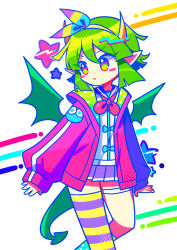 1girl :&lt; absurdres asymmetrical_legwear blush_stickers closed_mouth draco_centauros dragon_girl dragon_horns dragon_tail dragon_wings green_hair highres horns jacket long_sleeves mismatched_legwear offbeat pleated_skirt pointy_ears purple_skirt puyopuyo puyopuyo_quest red_jacket short_hair skirt sleeves_past_wrists solo striped_clothes striped_thighhighs tail thighhighs wings