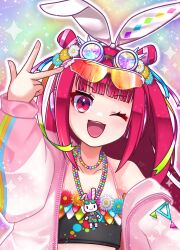 1girl bead_necklace beads beatmania_iidx beatmania_iidx_30_resident bemani black_tank_top colorful commentary_request crop_top flower goggles goggles_on_head hair_ribbon headphones highres jacket jewelry long_hair looking_at_viewer necklace official_alternate_costume one_eye_closed open_clothes open_jacket pendant pink_eyes pink_hair pink_jacket rabbit raver ribbon sidelocks smile sparkle tank_top thick_eyelashes umegiri_ameto upper_body w yatsuhashi_(partyanthem)