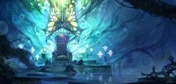 Rule 34 | absurdres, cave, chair, commentary request, dark, fantasy, glowing, highres, indoors, kurasuta, lamp, light, no humans, original, reflection, reflective water, rubble, scenery, stairs, stalactite, throne, torch, underground, water