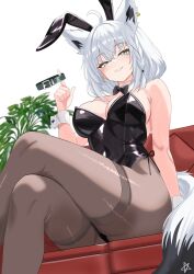1girl ahoge alternate_costume animal_ear_fluff animal_ear_piercing animal_ears aqua_eyes bare_shoulders black_bow black_bowtie black_leotard black_pantyhose bow bowtie braid breasts cleavage collar commentary_request couch covered_navel crossed_bangs crossed_legs detached_collar double-parted_bangs extra_ears fake_animal_ears fox_ears fox_girl fox_tail grin hair_between_eyes highleg highleg_leotard highres holding holding_collar hololive large_breasts leotard long_hair looking_at_viewer low_ponytail on_couch pantyhose pentagram playboy_bunny ponytail rabbit_ears rijeka1918 shirakami_fubuki side-tie_leotard side_braid simple_background sitting smile solo strapless strapless_leotard tail thighband_pantyhose traditional_bowtie virtual_youtuber white_background white_hair white_wrist_cuffs wrist_cuffs