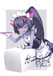 1girl ;d absurdres alternate_costume alternate_hairstyle apron arm_support ben1shoga black_dress black_hair blush border breasts chrome_(mon-musu_quest!) cleavage colored_skin commentary_request cropped_legs cube demon_girl dress enmaided fang frilled_thigh_strap gloves grey_background hair_between_eyes hair_ornament high_ponytail highres holding holding_plate holding_tray horns leaning_on_object long_hair looking_at_viewer maid maid_headdress mon-musu_quest! one_eye_closed open_mouth pink_eyes pink_horns plate ponytail purple_skin simple_background sleeveless sleeveless_dress small_breasts smile solo thigh_strap too_many_watermarks tray waist_apron watermark white_apron white_border white_gloves x_hair_ornament