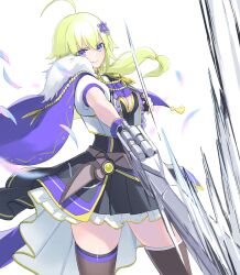 Rule 34 | &gt;:), 1girl, ahoge, amano soraha, assault lily, black dress, black gloves, black thighhighs, blonde hair, blue feathers, blurry, bow, bowtie, breasts, cape, closed mouth, cowboy shot, crop top, depth of field, dress, epaulettes, falling feathers, feathers, fingerless gloves, flower, frilled jacket, frills, fur-trimmed cape, fur trim, gloves, hair between eyes, hair flower, hair ornament, hands up, hashtag-only commentary, highres, holding, holding sword, holding weapon, jacket, layered dress, long hair, looking at viewer, low ponytail, medium breasts, mila (yuta27315), official alternate costume, open clothes, open jacket, outstretched arm, ponytail, puffy short sleeves, puffy sleeves, purple bow, purple bowtie, purple cape, purple eyes, purple feathers, purple flower, short sleeves, simple background, slashing, smile, solo, standing, sword, thighhighs, two-tone feathers, v-shaped eyebrows, waist cape, weapon, white background, white jacket, zettai ryouiki