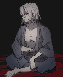 1boy aemono_(lemolemo_lmn) barefoot blue_kimono highres japanese_clothes kimono male_focus open_clothes red_eyes short_hair sitting solo tohno_shiki_(2) tsukihime white_hair