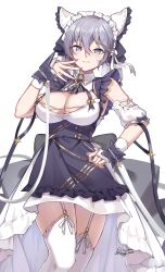 1girl alternate_costume apron azur_lane bellona_(azur_lane) blush breasts cheshire_(azur_lane) cheshire_(azur_lane)_(cosplay) commission cosplay detached_sleeves garter_straps grey_hair hair_between_eyes highres large_breasts looking_at_viewer maid pixiv_commission puffy_detached_sleeves puffy_sleeves purple_apron purple_eyes short_hair simple_background smile solo sundajin_asagi thighhighs white_background white_garter_straps white_thighhighs