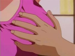1990s_(style) 1girl animated animated_gif breasts burn-up burn-up_excess female_focus grabbing_another&#039;s_breast green_hair groping jinguu_maya large_breasts retro_artstyle solo_focus staring