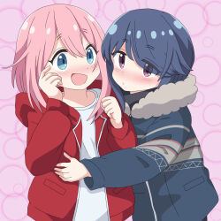 2girls blue_eyes blue_hair blush closed_mouth coat dot_nose feet_out_of_frame female_focus hair_between_eyes holding hug kagamihara_nadeshiko long_hair long_sleeves looking_at_viewer multiple_girls open_clothes open_mouth pink_hair purple_eyes sakuzo shima_rin shirt standing white_shirt winter_clothes winter_coat yurucamp