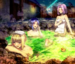 2boys 3girls :d ahoge artoria_pendragon_(fate) ayamatazu bad_id bad_pixiv_id blush breasts cleavage collarbone covering_privates cu_chulainn_(fate) cu_chulainn_(fate/stay_night) fate/stay_night fate_(series) gae_bolg_(fate) heracles_(fate) medea_(caster)_(fate) medea_(fate) medium_breasts medusa_(fate) medusa_(rider)_(fate) multiple_boys multiple_girls naked_towel nude_cover onsen open_mouth parted_lips partially_submerged pointy_ears rubber_duck saber_(fate) short_hair smile towel towel_on_head wading