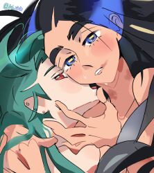 Rule 34 | 2girls, black hair, blue hair, commentary, dark-skinned female, dark skin, ear piercing, english commentary, geeta (pokemon), green hair, highres, lipstick, luh uhh, makeup, multiple girls, nintendo, open mouth, parted lips, piercing, pokemon, pokemon sv, purple eyes, red eyes, rika (pokemon), simple background, smeared lipstick, sweat, twitter username, upper body, white background, yuri