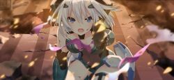 1girl aiming aiming_at_viewer blood blue_eyes breasts covered_navel crosswalk date_a_live date_a_live:_spirit_pledge game_cg ground_shatter gun hair_between_eyes headgear holding holding_gun holding_weapon looking_at_viewer medium_breasts official_art open_mouth outdoors short_hair solo third-party_source tobiichi_origami v-shaped_eyebrows weapon white_hair
