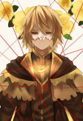 Rule 34 | 1boy, absurdres, blonde hair, cape, closed eyes, facing viewer, flower, highres, jewelry, male focus, mask, pendant, pixiv fantasia, pixiv fantasia fallen kings, red ribbon, ribbon, solo, toma (pffk), upper body, violet (1520370), white background
