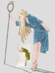 1girl ambrosia_(dungeon_meshi) aqua_dress blonde_hair blush braid braided_sidelocks brown_sandals choker closed_mouth clothes_grab commentary_request cosplay crossed_ankles dress dress_grab dungeon_meshi elf feet forehead full_body green_dress green_eyes grey_background half_up_braid high_heel_sandals highres holding holding_staff leaning_to_the_side long_hair looking_up mage_staff marcille_donato marcille_donato_(cosplay) no_pupils photo-referenced photo_inset pointy_ears red_choker reference_inset sandals shadow simple_background solo staff standing tang_sanjiao toes