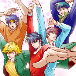 Rule 34 | 5boys, black hair, blonde hair, blue eyes, blue hair, blue shirt, date seiji, foreshortening, green jacket, hair over one eye, hashiba touma, henshin, jacket, long sleeves, looking at viewer, male focus, mouri shin, multiple boys, open mouth, orange shirt, petals, purple eyes, ronin warriors, sanada ryou, serious, shirt, short hair, short sleeves, shue rei fuan, sisido (black candy), sunrise (company), teeth, transformation, upper body, yellow shirt, yoroiden samurai troopers