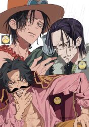 3boys abs black_hair blush crocodile_(one_piece) emoji facial_hair father_and_son freckles gol_d._roger hat highres jewelry mulso multiple_boys mustache necklace one_piece orange_hat pearl_necklace portgas_d._ace rain simple_background stitched_face stitches sweatdrop tears twitter_username white_background