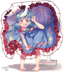 ! !! animal_ears blue_hair blush commentary_request crescent_print dress earclip electric_fan embarrassed floppy_ears frilled_dress frills highres kemo_chiharu rabbit_ears rabbit_girl red_eyes seiran_(touhou) spoken_exclamation_mark touhou twintails white_background wind wind_lift