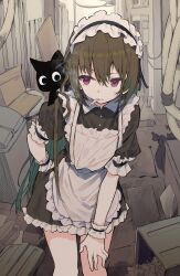 1girl ahoge apron black_dress brown_hair bucket dress frilled_apron frills gloves hair_between_eyes highres long_hair looking_at_viewer maid maid_apron maid_headdress mieharu mouth_hold original puffy_sleeves red_eyes short_sleeves solo white_apron wrist_cuffs