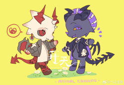 chibi dragon dragon_horns dragon_tail furry furry_with_non-furry highres horns interspecies original simple_background skeletal_wings smile tail watermark wings yellow_background yikou_sheng_tun