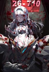 1girl absurdres armor black_hairband blood_on_body bodysuit breasts firefly_(ar-26710)_(honkai:_star_rail) firefly_(honkai:_star_rail) grey_armor grey_hair hair_between_eyes hair_intakes hairband helmet highres honkai:_star_rail honkai_(series) long_hair looking_at_viewer medium_breasts multicolored_eyes official_alternate_costume parted_lips pilot_suit pogogu power_armor sam_(honkai:_star_rail) two-tone_eyes upper_body white_bodysuit