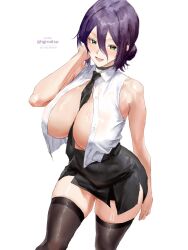 1girl bare_shoulders between_breasts black_hair blush breasts chainsaw_man choker collared_shirt green_eyes hair_between_eyes hair_bun huge_breasts igiroitsu long_hair looking_at_viewer miniskirt necktie necktie_between_breasts no_bra reze_(chainsaw_man) shirt simple_background single_hair_bun skirt sleeveless sleeveless_shirt smile solo thighhighs unbuttoned unbuttoned_shirt underboob white_background