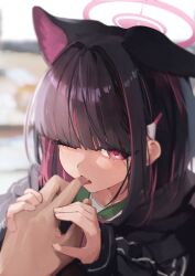 Rule 34 | 1boy, 1girl, absurdres, animal ears, black hair, black jacket, blue archive, blunt bangs, blush, cat ears, cat girl, colored inner animal ears, colored inner hair, fang, finger in another&#039;s mouth, gerrigeri, green sailor collar, halo, highres, holding hands, jacket, kazusa (blue archive), licking, licking finger, looking at viewer, multicolored hair, one eye closed, pink eyes, pink hair, pink halo, pov, sailor collar, short hair, tongue, tongue out, two-tone hair