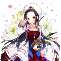 1girl beret black_hair blush boots box breasts candy cape chocolate chocolate_heart clarice_lapis cleavage closed_mouth coat cowboy_shot dress earrings floral_background flower food gift hat heart heart-shaped_food holding incoming_gift jacket jewelry lily_(flower) long_hair long_sleeves looking_at_viewer medium_breasts necklace pantyhose parted_bangs pendant pleated_skirt red_eyes salt_(salty) skirt small_breasts smile solo sparkle standing striped_background thigh_boots thighhighs uchi_no_hime-sama_ga_ichiban_kawaii valentine very_long_hair white_background white_coat white_flower yellow_flower zettai_ryouiki