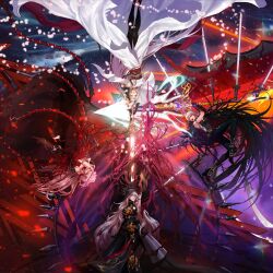 Rule 34 | 4girls, armor, bare shoulders, black armor, black hood, black pants, black sash, black shirt, black shoes, black thighhighs, blunt bangs, breasts, character request, commentary request, dungeon and fighter, full body, hair between eyes, highres, holding, holding sword, holding weapon, hood, hood up, light particles, long hair, looking at another, medium breasts, multiple girls, open mouth, pants, parted lips, red eyes, robe, sash, shirt, shoes, short hair, smile, sword, thighhighs, ven0305, very long hair, weapon, white hair, white robe