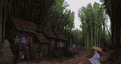 1girl 1other 2boys animated animated_gif bamboo bamboo_forest banner black_eyes boulder brown_hat building cape character_request commentary_request day dirt_road forest fuurai_no_shiren hat looping_animation lowres mouth_hold multiple_boys nature otnweo outdoors pixel_art road sandogasa scenery shiren_(fuurai_no_shiren) short_hair stairs stalk_in_mouth standing thatched_roof vertical-striped_cape village white_cape
