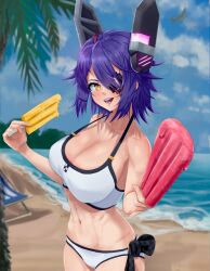 1girl absurdres beach bikini blue_sky blush breasts checkered_necktie cleavage cloud collarbone day eyepatch food headgear highres holding holding_food holding_popsicle horizon kantai_collection large_breasts looking_at_viewer navel necktie ocean official_alternate_costume open_mouth outdoors popsicle purple_hair sand short_hair sky smile solo swimsuit taut_bikini tenryuu_(kancolle) tenryuu_(swimsuit)_(kancolle) timq unworn_necktie water white_bikini yellow_eyes