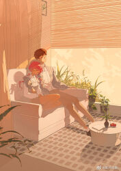 &gt;_&lt; 1boy 1girl :3 :d =_= blush bow breasts brown_hair closed_eyes couch couple cross cross_print cushion dreaming emiya_shirou evening fate/stay_night fate_(series) flower_pot gradient_sky hair_ornament igote leaf long_hair long_sleeves looking_at_viewer lying momomiya_shizuku_(gaoyue_jixiang) non-web_source oc_x_canon on_couch on_side open_mouth orange_hair orange_sky original pastels pillow pink_eyes pink_hair plant potted_plant print_ribbon red_hair ribbon short_hair sitting sky sleeping sleeping_on_person smile sunset vines zzz