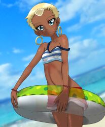 1girl bare_shoulders beach blonde_hair blue_eyes blue_sky body_blush breasts chat_(tales) dark-skinned_female dark_skin earrings forehead_jewel hoop_earrings jewelry midriff namco navel ocean official_alternate_costume petite potikawauowou shiny_skin short_hair shorts sky small_breasts sweat swimsuit tales_of_(series) tales_of_eternia thighs very_short_hair