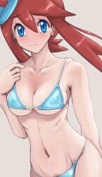 1girl alternate_costume bikini blue_bikini blue_eyes breasts closed_mouth collarbone commentary_request eyelashes female_pubic_hair hair_between_eyes hair_ornament haloh hand_up highres navel nintendo one_side_up pokemon pokemon_bw pubic_hair pubic_hair_peek red_hair ribs sidelocks skyla_(pokemon) solo swimsuit