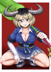 1girl adansosutega animal_ears black_fur black_hair blonde_hair blue_eyes blue_jacket blue_skirt breasts cleavage cow_ears cow_girl cow_horns cow_tail elbow_gloves fingerless_gloves fur_trim gloves gold_choker gyumaou_(kemono_friends) hair_between_eyes highres horns jacket kemono_friends kemono_friends_3 large_breasts leaf_fan looking_at_viewer multicolored_hair open_mouth plaid_clothes plaid_skirt pleated_skirt short_sleeves sidelocks skirt smile socks solo squatting tail white_gloves white_skirt white_socks