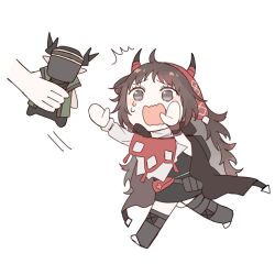 1girl 1other ^^^ arknights black_dress blush_stickers boots brown_hair character_doll character_request chibi doll dress fanny_pack grey_eyes grey_footwear holding holding_doll long_hair motion_lines open_mouth out_of_frame running sae1293 simple_background solo_focus speed_lines tears very_long_hair wavy_mouth white_background