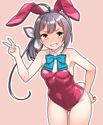 Rule 34 | 1girl, absurdres, alternate costume, animal ear hairband, animal ears, black hair, blue bow, blue bowtie, bow, bowtie, commentary request, covered navel, detached collar, fake animal ears, fake tail, fujinami (kancolle), furaggu (frag 0416), gluteal fold, grin, hair bow, hairband, hand on own hip, hand up, highres, kantai collection, leotard, looking at viewer, playboy bunny, rabbit ears, red hairband, red leotard, side ponytail, smile, solo, tail, teeth, thighs, v, variant set, white bow, yellow eyes