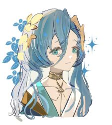 1girl 37_(reverse:1999) :3 ancient_greek_clothes blue_eyes blue_hair gold_choker greco-roman_clothes hair_between_eyes laurel_crown leaf long_hair looking_at_viewer portrait reverse:1999 seventeen_meimi solo sparkle very_long_hair white_background