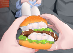 2girls artist_request blue_dress bread_bun brick_wall burger dress feet feet_in_food food foot_focus heart heart_hands holding holding_feet holding_food kaeri lettuce lying mayonnaise multiple_girls nail_polish on_back original pantyhose photo-referenced pillow pink_nails red_nails sauce seamed_legwear sesame_seeds suggestive_fluid thighs toenail_polish toenails toes white_legwear