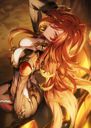 1girl biker_clothes bikesuit black_bodysuit black_gloves bodysuit breasts closed_mouth flamestrider_(genshin_impact) from_above genshin_impact genyaky gloves hair_between_eyes highres large_breasts leaning_against_motorcycle long_hair looking_at_viewer mavuika_(genshin_impact) multicolored_hair orange_eyes orange_hair red_hair smile solo symbol_in_eye two-tone_hair very_long_hair