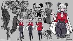 absurdres baphomet_(grizz) black_pants bow breasts concept_art demon_girl from_side grizz gun heart helltaker highres horns jacket large_breasts long_hair multiple_expressions official_art open_mouth pants poses red_shirt reference_sheet shirt smile standing suit_jacket v vanripper_(style) weapon white_hair wings