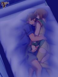 1boy 1girl age_difference bed blanket blue_eyes blue_shirt brown_hair clothed_sex crying elpeo_puru grey_shorts gundam gundam_zz handjob judau_ashta loli rape redlerred7 shirt shorts skirt tears under_covers yellow_shirt