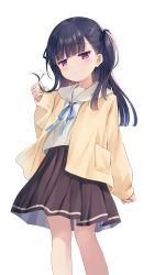 1girl black_hair black_ribbon black_skirt blouse blue_ribbon blunt_bangs blunt_ends cardigan commentary hair_ribbon hand_up highres holding holding_own_hair jitome long_hair long_sleeves looking_at_viewer miniskirt na-ga open_mouth original parted_lips pleated_skirt purple_eyes ribbon ruffling_hair sailor_collar shirt simple_background skirt sleeves_past_wrists solo two_side_up white_background white_sailor_collar white_shirt yellow_cardigan