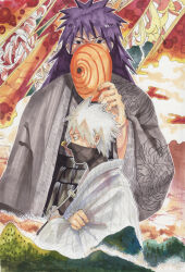 Rule 34 | 2boys, absurdres, alternate hair length, alternate hairstyle, black hair, grey hair, hatake kakashi, highres, japanese clothes, kimono, long hair, male focus, mask, mouth mask, multiple boys, naruto (series), naruto shippuuden, ppposter, spiked hair, tobi (naruto), uchiha obito