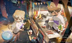 1boy 1girl artist_name bag black_gloves black_shorts boots breasts brown_hair cooking cup disposable_cup dolphin_shorts drinking_straw earrings food food_stand foot_out_of_frame gloves grilling hair_between_eyes highres holding holding_bag holding_food holding_tongs hot_dog_bun inkling inkling_(language) inkling_boy inkling_player_character jellyfish_(splatoon) jewelry lettuce long_hair long_pointy_ears looking_at_animal mask mouth_mask nintendo octoling octoling_girl octoling_player_character open_mouth outdoors pabuk5w paper_bag pointy_ears print_shirt salmonid sausage see-through_clothes see-through_mask shirt short_hair short_sleeves shorts smallfry_(splatoon) smile splatoon_(series) splatoon_3 standing t-shirt tentacle_hair tongs very_long_hair watermark white_boots white_shirt yellow_eyes